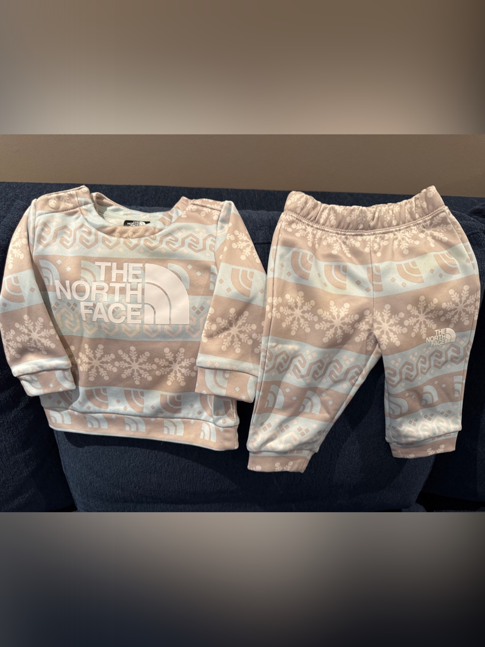 The North Face Beige & Light Blue Baby Sweatshirt and Joggers Set